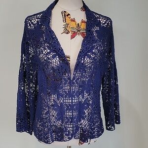Blue crochet jacket with hook and eye closure.  No tags.